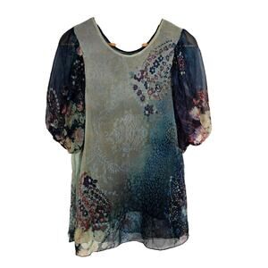 Vtg Watercolor Puff Sleeve Tunic Crochet Paisley Lagenlook‎ Large Blouse Top